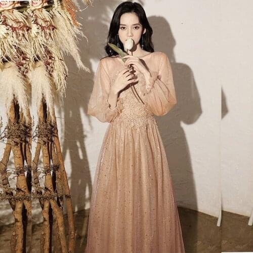 Women Evening Long Dress Maxi Party Wedding One Piece Dress Sequined Pleated Slim Waist Floor Length V Nevk Bride Long Sleeve