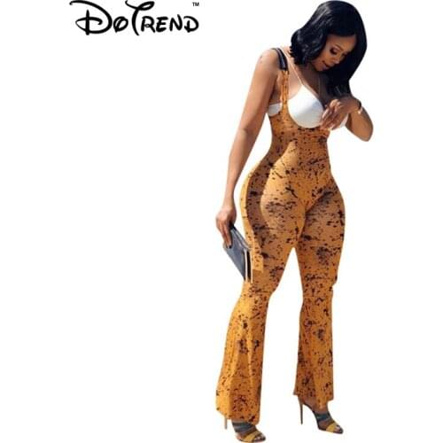 Yellow Black Dot Long Jumpsuits Summer Woman O Neck Sleeveless Fitting Rompers 2019 New Style Female Backless Bell-Bottoms