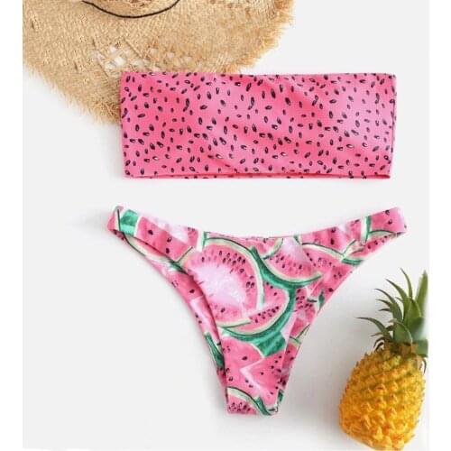 Women Sexy Mini Bikini Sets Soild Push-Up Padded Bra Bandeau Tops Beach Bikini Set Summer Watermelon Print Swimsuit Beachwear