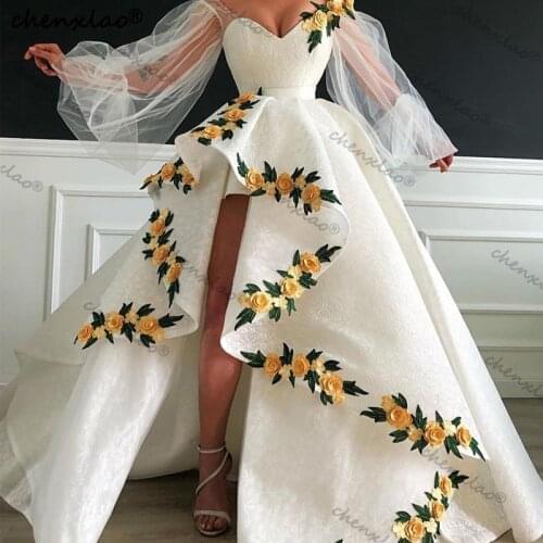 Hot White Evening Dresses Satin Flower Appliques Sweetheart Full Sleeves Split Evening Dress Long Formal Gowns Vestidos