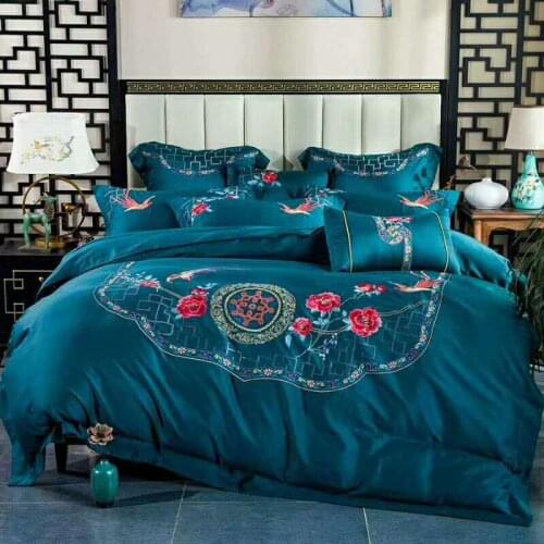 100S Egyptian Cotton Luxury Embroidery Blue Bedding Set 4/6pcs King Queen Wedding Bed Sheet Cover set Duvet Cover pillowcase