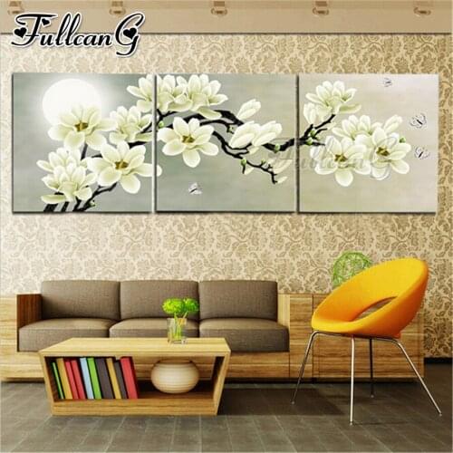 FULLCANG 5d diy diamond embroidery sale Moon white orchid flower triptych painting full square round mosaic pattern kit FC3204