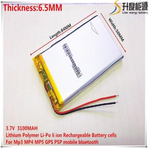 Free shipping 1pcs/lot 655084 3.7 V lithium polymer battery 3100 mah DIY mobile emergency power charging treasure battery