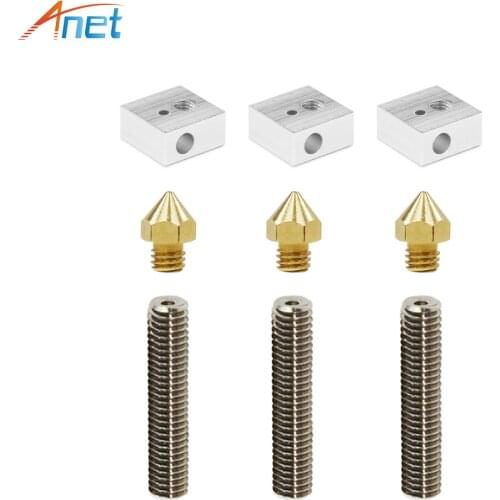 Anet A8&A6 3D Printer Part 3PCS 0.4mm Extruder Nozzle+3PCS 1.75mm Throat Tube+3PCS Heated Blocks for Mk8 Makerbot