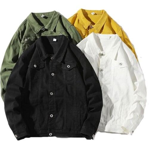 Green denim jacket male lapel denim jacket long sleeve black white yellow fashion washed streetwear
