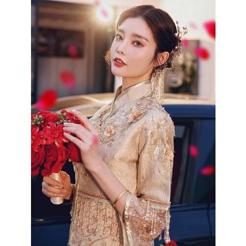 Elegant Champagne Bride Vintage Qipao Dragon Phoenix Chinese Traditional Wedding Cheongsam китайская одежда