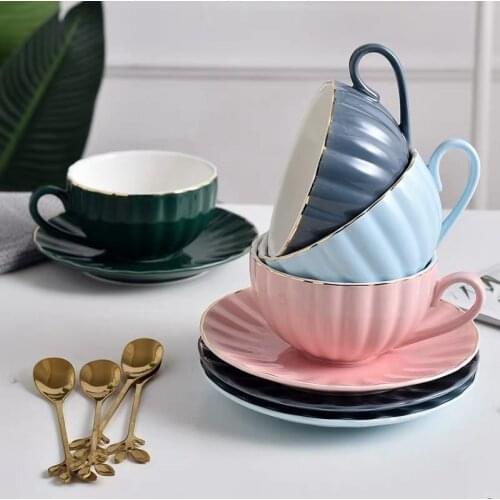 European Phnom Penh Ceramic Coffee Cup with Saucer and Spoon Creative Tea Cup Simple Milk Mug Cappuccino Latte Cup Drinkware