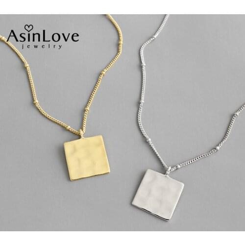 AsinLove 925 Sterling Silver Square Pendant Necklace Minimalist Concave-convex Hammered Handmade Design Necklaces Women Jewelry