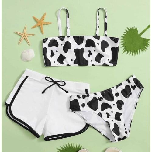 Girls Summer Cute Swimwear Crisscross Back Cow Floral Print Swimsuit Three-piece Swimsuits Fashion Kid Swim Wear Suits L3