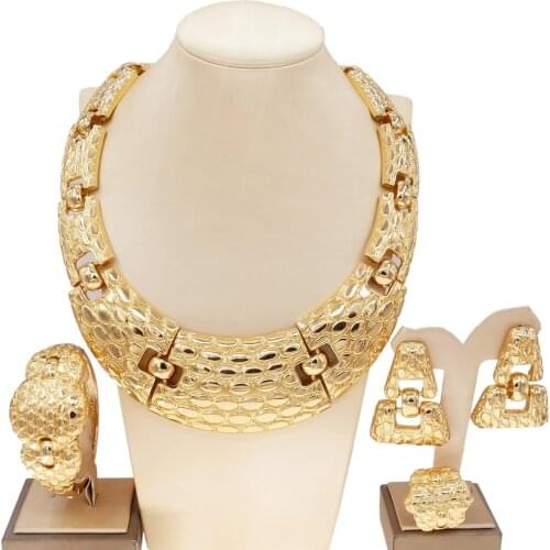 Yulaili Hot Selling Brazil Gold Luxury Copper Bridal Jewelry Set Italian Necklace Bracelet Earring Ring Four Jewelry Sets H0001