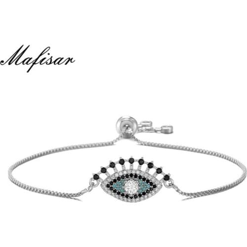 Mafisar Luxury Full Cubic Zirconia Micro Paved Evil Eye Charm Bracelets For Elegant Women Copper Chain Adjustable Bracelet
