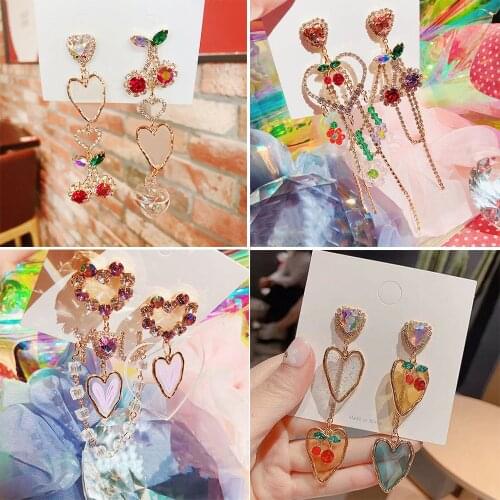 2020 Fashion Acrylic Heart Cherry Luxury Rhinestone Long Tassel Drop Earrings For Women Girls Shiny Crystal Holiday Mujer Moda