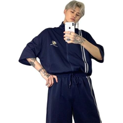 Fashion Mens Sets 2021 New Reflective Striped Sports Suit Male Summer Korean Handsome Embroidered Short-sleeved Suit Male