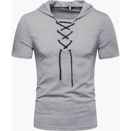 Mens Casual Sports Tether Short-sleeved Summer Loose Breathable Mesh Hooded T-shirt 2021 Mens Solid Color Casual Top