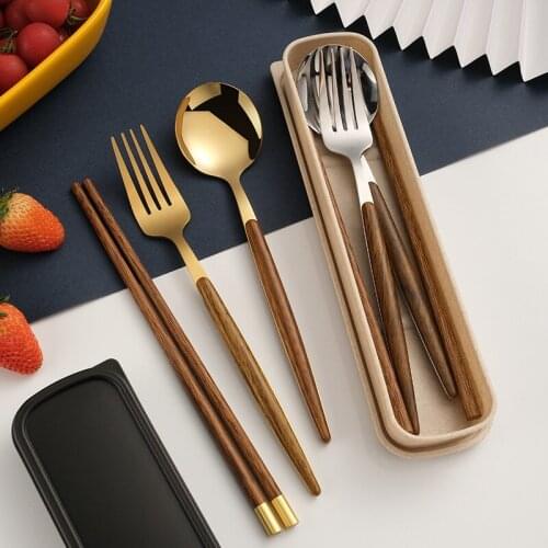 BalleenShiny Stainless Steel Clip Wooden Handle Spoon Fork Chopsticks Set Portable Food Grade Dessert Spoon Meal Chopsticks