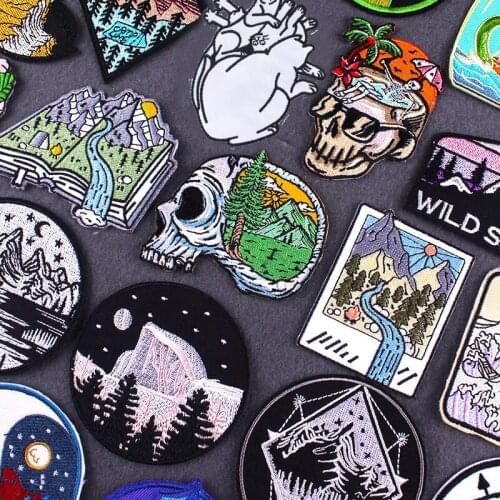 Pulaqi Outdoor Natural Stripe Applique Patch DIY Mountain River Embroidered Patches for Clohing Skull Patch Iron on Patches