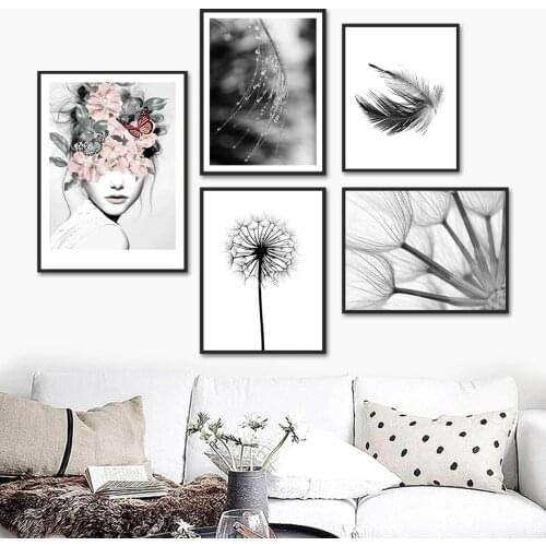 Black White Feather Reed Dandelion Girl Wall Art Canvas Painting Nordic Posters And Prints Wall Pictures For Living Room Decor