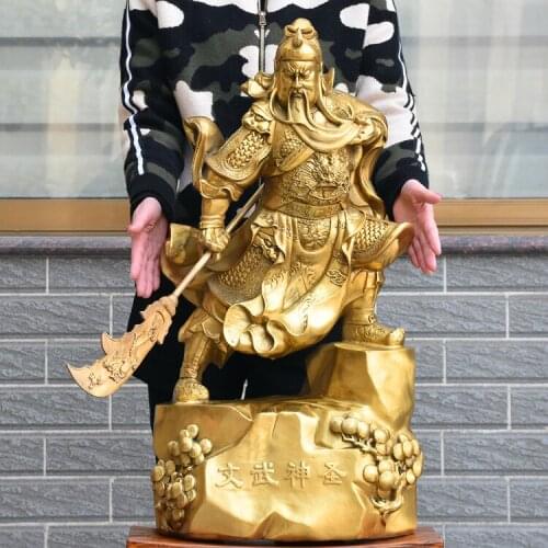 HUGE-HOME SHOP HALL LOBBY TALISMAN MONEY DRAWING GOD OF WEALTH GOLD GUAN GONG GUANDI BRASS ART SCULPTURE 73CM LARGE