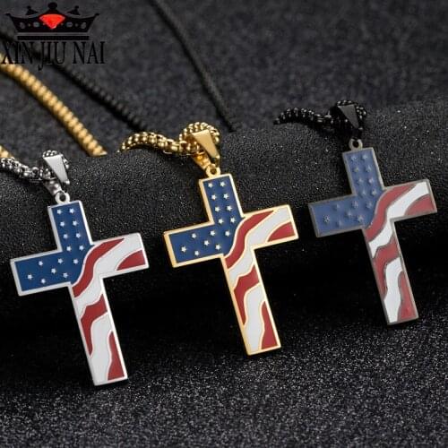 Necklace Cross Pendant with American Flag Enamel Religious Ornament Jesus Amulet Gift for Christians 925 necklace Cross