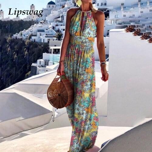 Retro Pattern Print Halter Maxi Party Dress Sexy Backless Hollow Out Boho Long Dress Summer Elegant Sleeveless Women Beach Dress