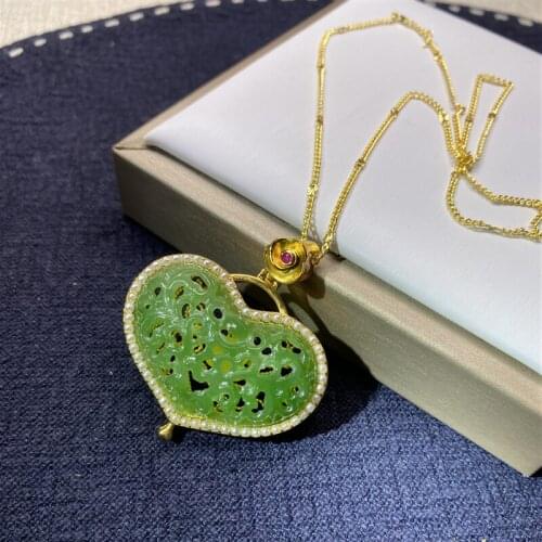 Natural green jade pendant with gold 925 sterling silver necklace heart jade necklaces pendants for women marcasite jewelry 25