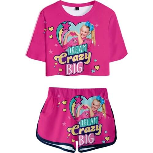 Popular JOJO SIWA 3D Exposed Navel T-Shirt + Short pants Hot Summer Womens two-piece sets Casual Girls red two-piece clothing