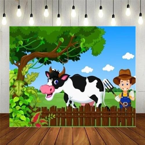 Photo Studio Props Photography Backdrop Cartoon Funny Farm With Cow Farmer Life Vinyl Background Kids Birthday Party Decoration