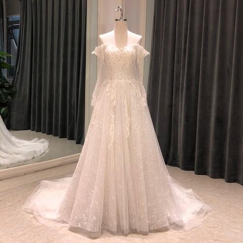 SL-7109 new boho wedding dresses long sleeve 2021 beads lace illusion neck crystal bridal wedding dress tulle vintage bride gown