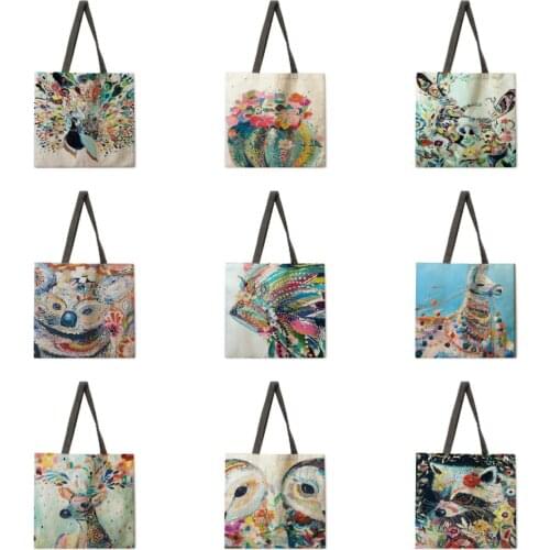Animal watercolor linen shopping bag female casual handbag shoulder bag fashion beach bag foldable shopping bag