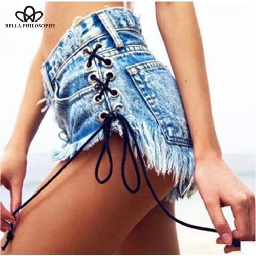 Bella Philosophy Female Bandage Denim Shorts Women High Waist Sexy Shorts Summer Micro Mini Jean Denim Short Mujer