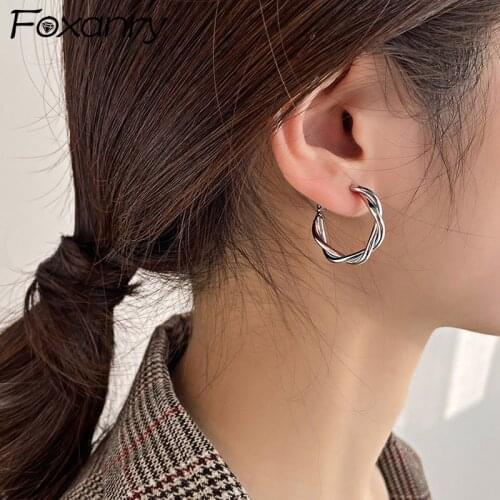 Foxanry INS Fashion 925 Sterling Silver Stud Earrings for Women Creative Simple Twist Circle Birthday Party Jewelry Gifts