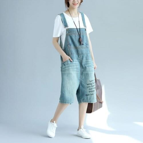 Women Casual Knee Length Jeans Ladies Denim Overalls Denim Letter Print Bleached Patchwork Jumpsuits