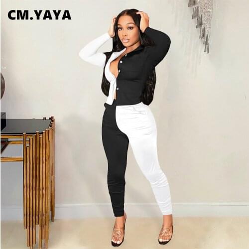 CM.YAYA Women Set Patchwork Full Sleeve Single Breasted Shirts Tops Stretchy Pencil Pants Two 2 Piece Sets Tracksuit Oufit Fall