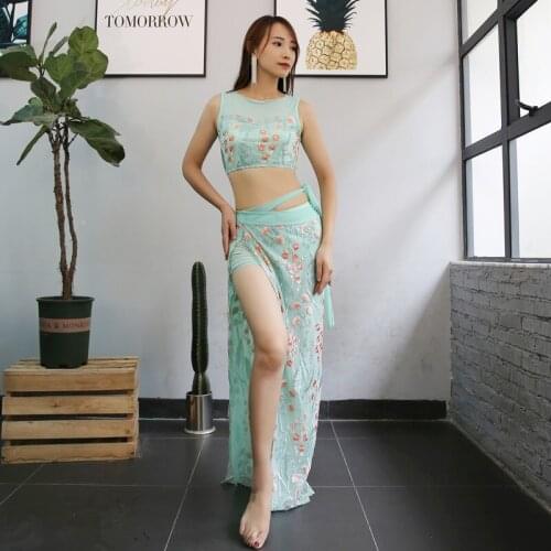 New Women Sexy Bellydance Oriental Costumes Set Top Skirts Split Practice Clothes Top Skirt Professional Training Belly Dance