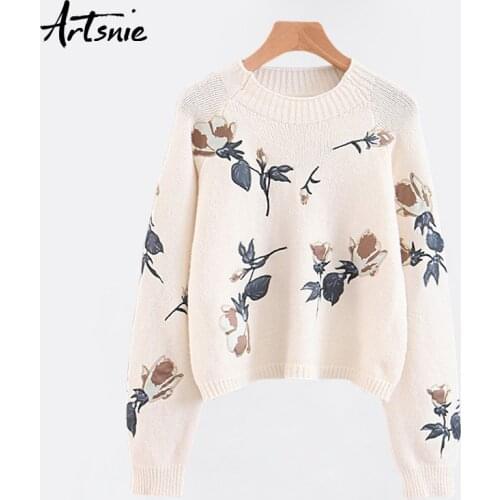 Artsnie White Streetwear Embroidery Floral Knitted Pullovers Women Autumn 2018 O Neck Long Sleeve Tricot Pull Femme Girl Sweater