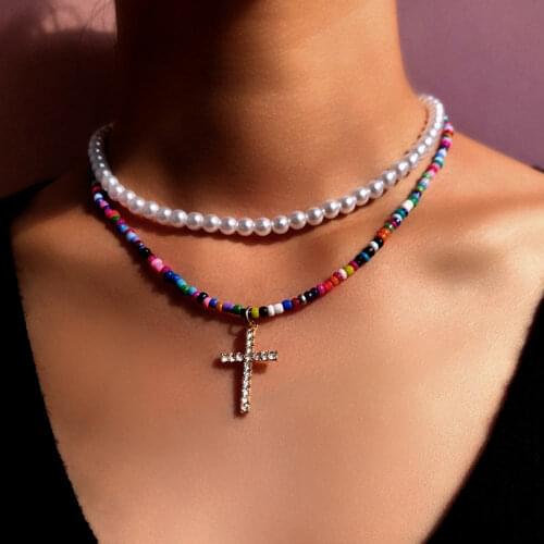 2 Pcs/Set Imitation Pearl Rhinestone Cross Pendant Beaded Necklace For Women Colorful Acrylic Seed Bead Strand Bohemian Jewelry