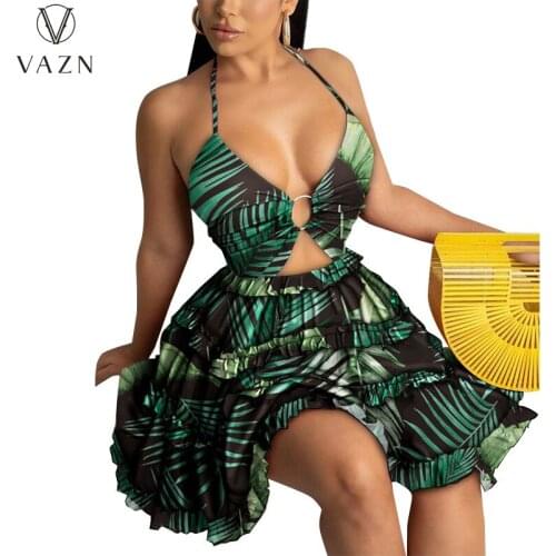 VAZN 2021 INS Bikini Beach Parity Joker Regular Floral Print Mini Dress Sweet Young Sleeveless A-line Vestidos For Female