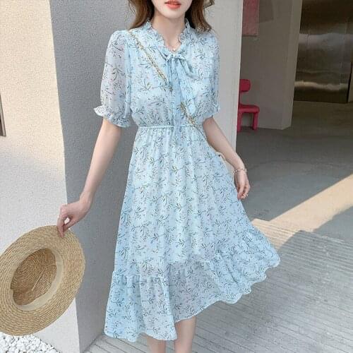 Summer Ladies Short Sleeve Korean Small Floral Casual Dress 2021 Chiffon Mid Length Skirt Female A-line Vacation Dress For Women