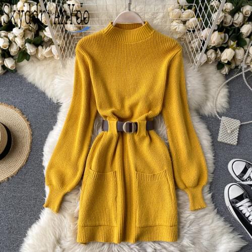 Long Sleeve Autumn Winter Knitted Woman Dress With Belt Slim Long Sleeve White Sweater Dresses For Women Vestidos Korean Dress