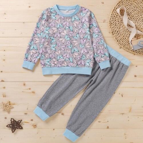 2Pcs Kids Baby Girls Autumn Fall Spring Clothes Butterfly Print O-Neck Tshirts Pants Childrens Sets 18 Months to 6 Years