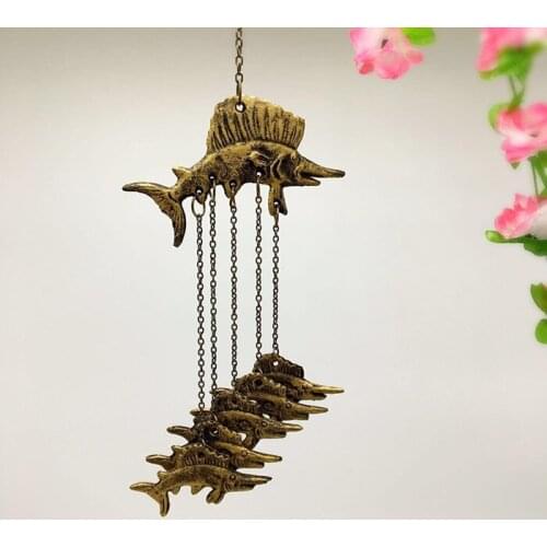 2 Vintage Cast Iron Fish Wind Chimes Metal Hanging Windchimes Bell Home Garden Wall Porch Cabin Lodge Patio Decoration Bronze