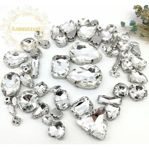 58pcs 10shapes 25sizes Mix White shape and sizes Glass Crystal rhinestones silvery bottom DIY Clothing accessories