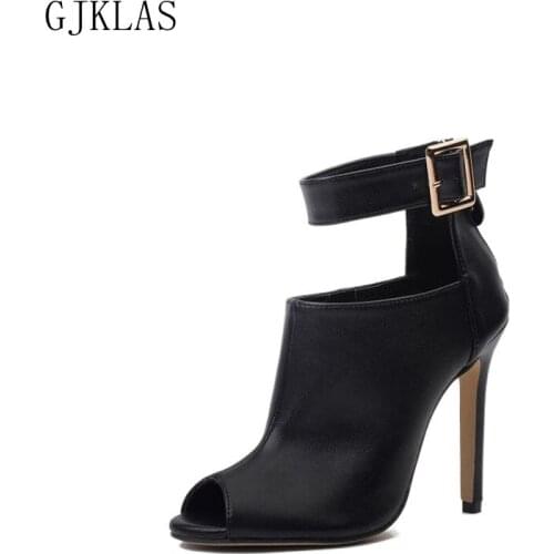 High Heels Black Leather Boots Women Sandals Ankle Boots for Women Fashion Stiletto Heels Botines Peep Toe Ladies Leather Shoes
