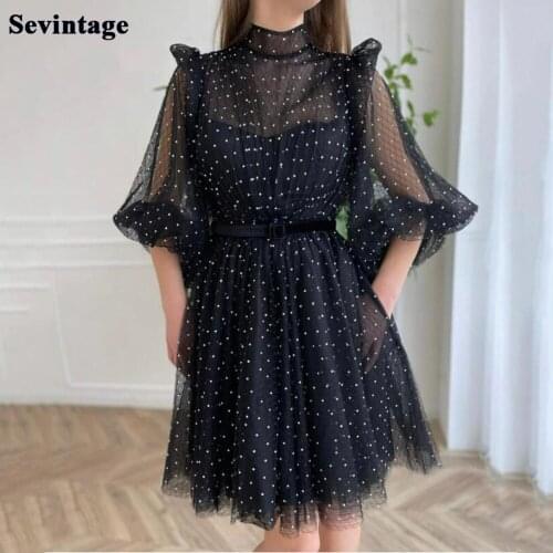 Sevintage Black Dotted Tulle Short Prom Dresses High Neck Half Sleeves Homecoming Gowns Custom Made Formal Girl Dress 2021