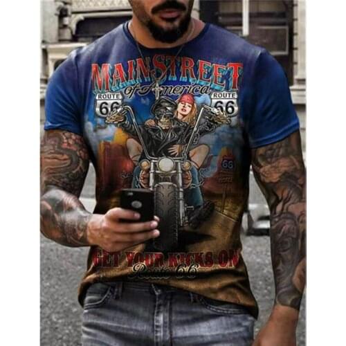 Summer Mens European and American Style Polyester Material 3D Printing Motorcycle Street Fashion Round Neck T-shirt Hot Sale