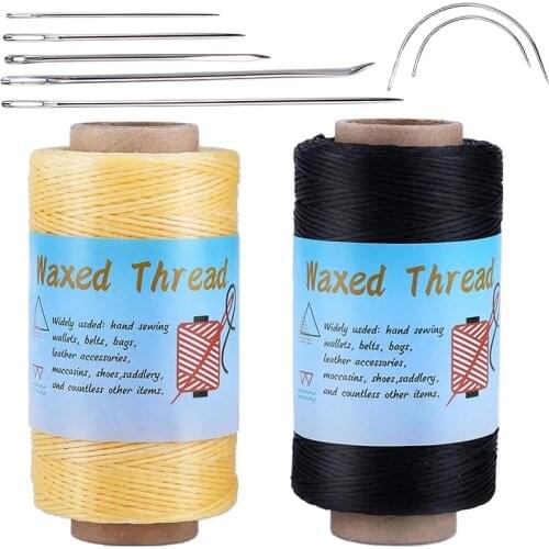 KAOBUY 250m Leather Thread Kit-2Colors (Black and Beige) With Sewing Needles, Curved Needles For Leather Stitching, Bookbinding