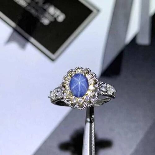 Natural Blue Sapphire Star Gem Ring S925 Silver Natural Gemstone Ring Womens Office Gift Jewelry