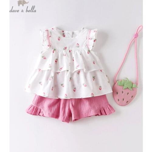 DBM14178 dave bella summer baby girls fashion fruit print ruched clothing sets kids cute sets children with small bag 3 pcs suit