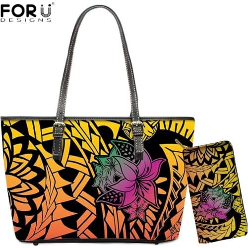 FORUDESIGNS Colorful Ladies Shoulader Bag and Purse Set Polynesia Plumeria Pattern Handbag Large Capacity Leather Tote Bag