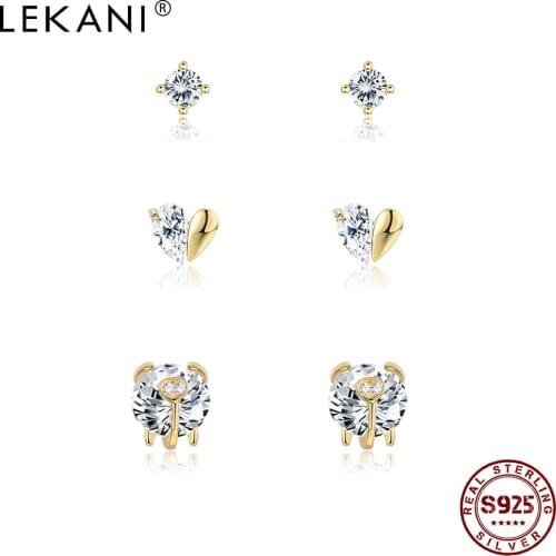 LEKANI Real Sterling Silver 925 Jewelry Cute Piggy Heart Earrings For Women Dazzling CZ Small Stud Earring Anniversary Gift